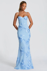 Women's Floral Embroidered Corset Cami Strap Wedding Guest Maxi Dress
