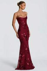 Women's Floral Embroidered Corset Cami Strap Wedding Guest Maxi Dress