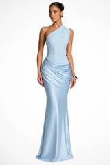 Women One Shoulder Ruched Wedding Guest Satin Maxi Dress