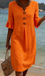 Elisane – Vestido de verano de algodón y lino para mujer con botones