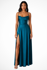 Women Cowl Neck Side Slit Wedding Guest Satin Maxi Dress