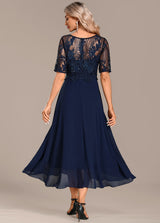 Women's Lace Short Sleeve Dress with Round Neck and Elegant Design