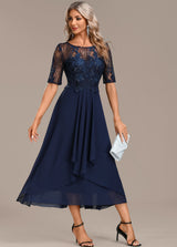 Women's Lace Short Sleeve Dress with Round Neck and Elegant Design