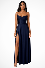 Women's Cowl Neck Side Slit Wedding Guest Satin Maxi Dress