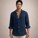 Men's Linen Shirt Regular Fit Airy Fabric Open Collar Long Sleeves