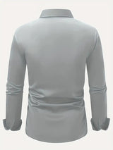 Camicia grigia a maniche lunghe, vista posteriore, colletto classico, tessuto liscio, ideale per abbigliamento formale o casual elegante.