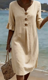 Elisane – Vestido de verano de algodón y lino para mujer con botones