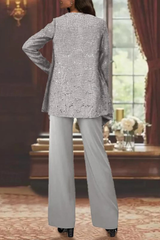 Women's Sequin Lace Three-Piece Wide Leg Wedding Guest Trouser Suit