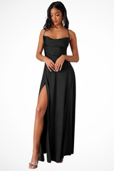 Women Cowl Neck Side Slit Wedding Guest Satin Maxi Dress