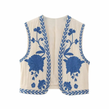 Boho-Style Floral Embroidered Vest with Open Front