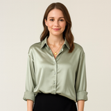 Dames blouse zachtgroen zijde front view