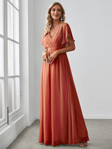 V-Neck Flutter Sleeve Floor-Length A-Line Chiffon Evening Dress #color_Burnt Orange