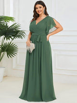 V-Neck Flutter Sleeve Floor-Length A-Line Chiffon Evening Dress #color_Eucalyptus Green