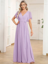 V-Neck Flutter Sleeve Floor-Length A-Line Chiffon Evening Dress #color_Frosted Lilac