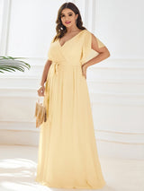 V-Neck Flutter Sleeve Floor-Length A-Line Chiffon Evening Dress #color_Yellow