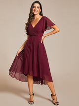 Chic V Neck High-Low Wedding Guest Dress #color_Burgundy