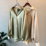Dames blouse zijden lichtgroen en beige met contrastdetail hangend
