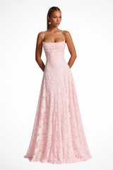 Robe maxi pour invitées de mariage à col bénitier avec dentelle florale pour femmes