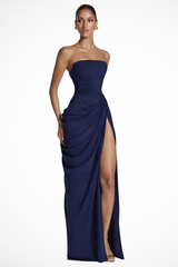 Women's Strapless Ruched Slit Summer Wedding Guest Maxi Dress