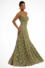 Robe maxi pour invitées de mariage à col bénitier avec dentelle florale pour femmes