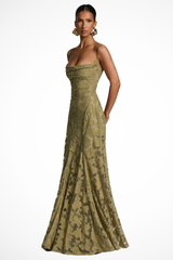 Robe maxi pour invitées de mariage à col bénitier avec dentelle florale pour femmes