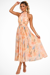 Women's Halter Neck Floral Print Wedding Guest Chiffon Maxi Dress