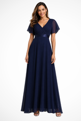 Women's Chiffon Flutter Sleeve V-Neck Wedding Guest Maxi Dress