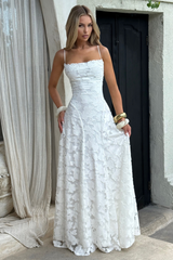 Robe maxi pour invitées de mariage à col bénitier avec dentelle florale pour femmes