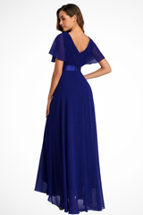 Women's Chiffon Flutter Sleeve V-Neck Wedding Guest Maxi Dress