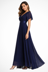 Women's Chiffon Flutter Sleeve V-Neck Wedding Guest Maxi Dress