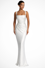 Vestido largo de satén fruncido con escote cuadrado para invitadas de boda, para mujer
