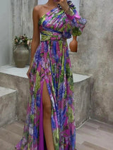 Lilac One-Sleeve Maxi Dress with Side Slit