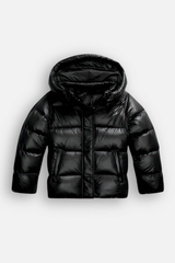 Veste matelassée brillante à capuche avec coupe courte pour femmes