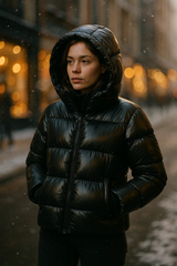Veste matelassée brillante à capuche avec coupe courte pour femmes
