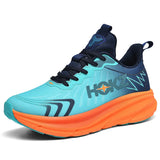 Scarpa da corsa uomo, design moderno, colori blu e arancione, suola ammortizzata, ideale per running e sport, comfort e stile.