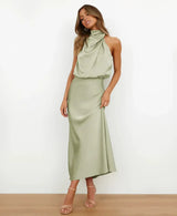 Solmira - Vestido midi halter sin mangas para mujer