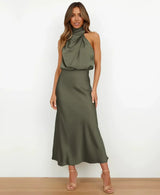 Solmira - Vestido midi halter sin mangas para mujer