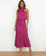 Solmira - Vestido midi halter sin mangas para mujer