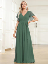 V-Neck Flutter Sleeve Floor-Length A-Line Chiffon Evening Dress #color_Eucalyptus Green