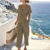 Women's Regular Fit V-Neck Short Sleeve Casual Summer Jumpsuit