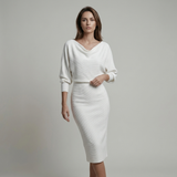 White Midi Dress with Draped Batwing Sleeves