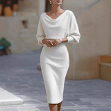 White Midi Dress with Draped Batwing Sleeves
