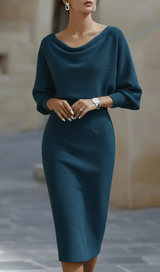 White Midi Dress with Draped Batwing Sleeves