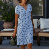 Image of Women's V-Neck Leaf Print Short Sleeve Dress