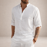 Camicia da uomo in lino, vestibilità regolare, traspirante, collo alla coreana, maniche lunghe