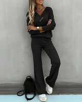 Valmirel - Žebrovaný pletený set s výstrihom do V, dlhý rukáv a rovné nohavice