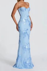 Women's Floral Embroidered Corset Cami Strap Wedding Guest Maxi Dress
