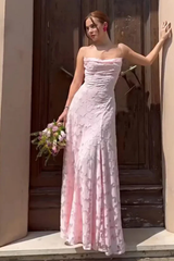 Women's Spaghetti Strap Lace-Up Backless Floral Jacquard Formal Maxi Dress