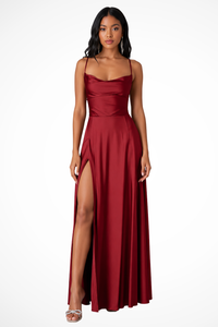 Women's Cowl Neck Side Slit Wedding Guest Satin Maxi Dress