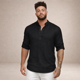 Camicia da uomo in lino, vestibilità regolare, traspirante, collo alla coreana, maniche lunghe